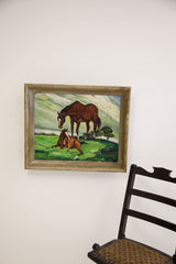 Lower right of framed vintage painting: large brown horse with its foal on green grass.