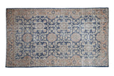 Distressed Sparta rug, faded navy blue, pale coral, beige, with paneled pomegranate patterns.