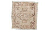 Vintage distressed Oushak square rug, geometric medallion, cream and coffee brown abrashes, 1'5
