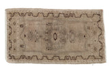 Distressed vintage Oushak rug mat, antique ivory and chocolate brown faded medallion, 1'8