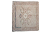 Vintage Distressed Oushak square rug, central quatrefoil blossoms in soft beige, blush, navy.
