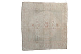 Vintage distressed Oushak square rug mat, ivory, beige, seafoam floral medallion, even wear.