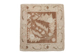 Distressed vintage Oushak square rug with serrated leaves in coffee brown, ivory, and dusty blush.