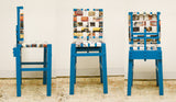 Blue decorative chair woven with vintage New Yorker magazine pages, shown from multiple angles.