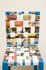 Full woven pattern of vintage New Yorker magazine on the decorative chair.