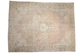 Vintage Distressed Tabriz carpet, faded medallion, floral vines, dusty rose, beige, silver tones.
