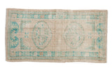 Distressed Oushak runner with two turquoise floral medallions on a worn cream background.