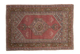 Distressed Oushak rug featuring a stepped medallion, dusty plum and royal blue, 3'3