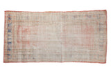 Distressed vintage Oushak rug, faded ivory, pink, blue medallion, serrated border, 2'11
