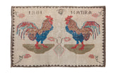 Distressed Sparta rug, pictorial roosters and 1981 date in ivory, sapphire blue, cherry red.
