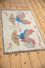 Distressed Vintage Sparta rug, pictorial rooster and ivory pile with blue, copper hues.