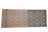 Vintage distressed Oushak runner, pink and blue trellis, heavy dye lot change, 2'9