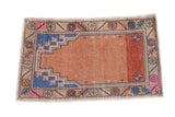 Distressed Oushak runner with faded prayer design, germinating blossoms, abrashes, dusty rose, royal blue.