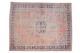 Distressed Turkish Oushak rug, dusty pink field, faded cobalt blue medallion, floral palmettes, 9'1