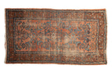 Antique Kurdish Hamadan rug, ruby red grapefruit and blue Herati design, abrash, visible wear.