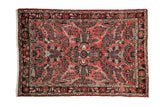 Vintage Dargezine rug with faded raspberry red, navy, and silver delicate floral pattern, 3'4