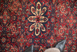 Traditional Persian Hamadan rug featuring Herati pattern in cherry red, cobalt blue, ivory.