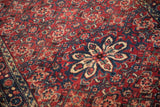 Intricate Herati pattern and starburst medallion detail on a vintage Hamadan rug in red and blue.
