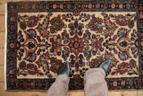 Vintage Persian Borchalou rug with an ivory field and floral design, shown to scale underfoot.