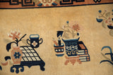 Hand knotted Peking rug pictorial detail: vases, plants, grid table in cobalt blue, apricot, beige.