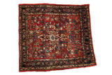 Vintage Persian Bijar square rug, cherry red field, intricate floral designs, and Herati Samovar border. 2'7