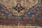 Antique Farahan Sarouk rug's tattered end, worn terracotta borders, and a sapphire blue spandrel.