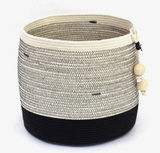 Large cotton rope planter basket, cream with black zigzag pattern, wooden beads.