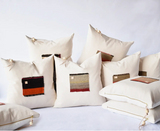 Limited Edition Vintage Aguayo pillows, off-white canvas with naturally dyed woven patches, 20x20.