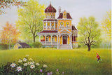 K Chin whimsical lithograph with a funky yellow ornate house, bright green grass, and a boy in red.