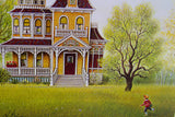 K Chin lithograph with a boy in red running through vivid green grass.