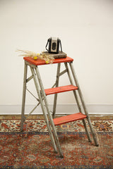 Vintage red and silver step stool top with camera, book, and dried flowers.