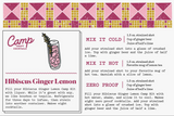 Camp Craft Cocktail Hibiscus Ginger Lemon infographic with logo, drink illustration, and recipes.