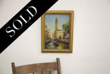 Framed vintage oil painting of a colorful Venice canal, gondola, and bridge.