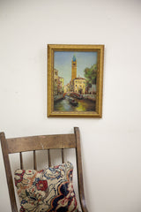 Bottom right corner of vintage Italy painting with gondola, bridge, and B. Dressel signature.