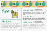 Camp Craft Cocktails FloRita mixing instructions, cartoon graphic, and colorful pattern.