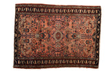 Vintage Lilihan rug, pale blush field, stepped medallion, floral arabesques, dark navy borders, 3'8