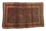Antique Belouch rug with geometric diamond flowers, stylized vines, earthy red, brown, navy hues, 3x5.