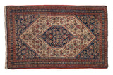 Antique Senneh rug: hexagonal diamond medallion, navy blue, terracotta, ivory Herati pattern, 2x3.