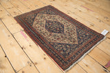 Detail of antique Senneh rug: intricate Herati motif, tight knotting, navy, ivory, terracotta, and fringe.