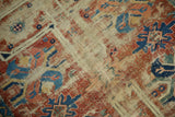 Detail of a circa 1890s Caucasian rug fragment, with geometric arabesques, showing heavy wear and exposed foundation.
