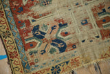 Antique Caucasian rug with tattered fringe, exposed foundation, and geometric guls.