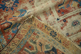 Antique Caucasian rug fragment displaying worn pile with exposed foundation and tattered edges.