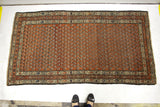 Ornate main border and small repeating motifs on a rusty red vintage Mir Serbend rug.
