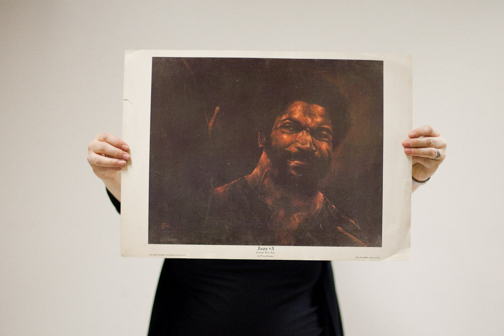 Vintage 'Jazz #3' lithograph of drummer Billy Hart, 15x20.5 inches, showing paper creases.
