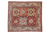 Vintage Turkish Oushak carpet with a six-panel floral design in cherry red, orange, and silver.