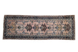Vintage Persian Hamadan runner, dusty mauve abrashed field, repeating Herati palmette design.