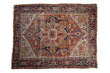 Vintage Persian Heriz carpet, oversized medallion, geometric blossoms, abrash, brick red, navy, jade green, 7'1