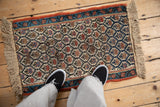 Upper corner of antique Kurdish rug showing ivory trellis, sky blue vine border, and rust edge.