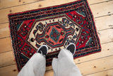 Vintage Hamadan rug mat with a red geometric medallion, viewed from above for scale.