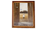 Vintage 1970s Thomas Kerry oil painting of girl with blue balloon through barn doorway.